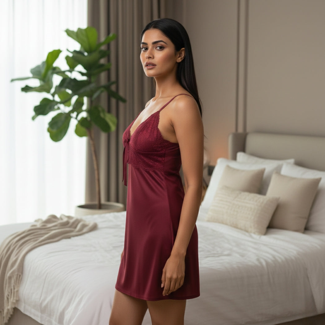 Maroon Scarlet V-Neck Lace Cotton Bridal Nighty