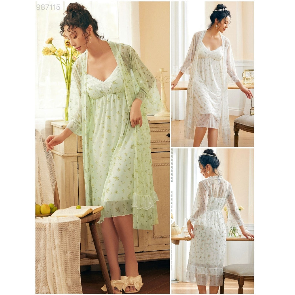 Off-White & Pista Green Printed Night Gown Set