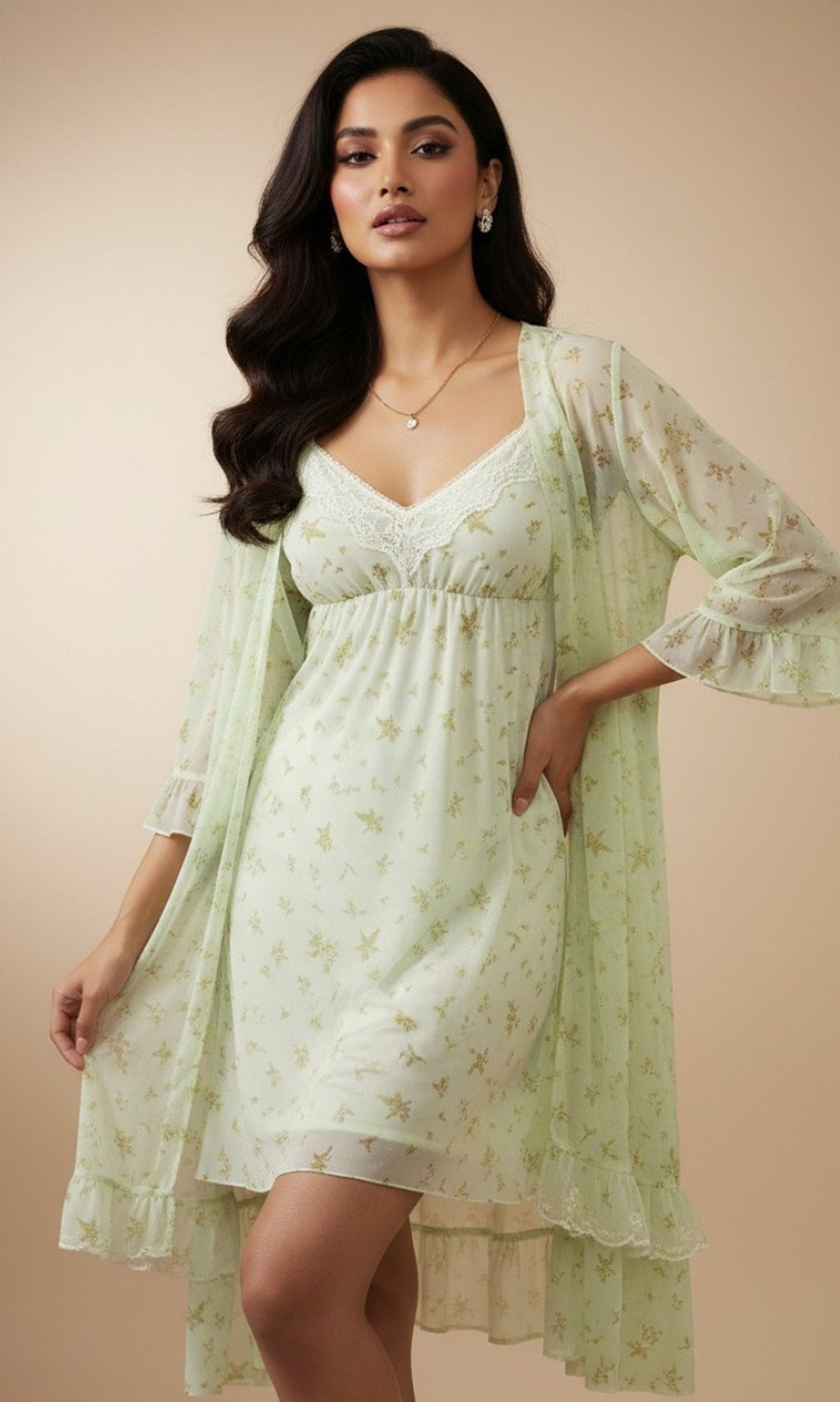 Off-White & Pista Green Printed Night Gown Set