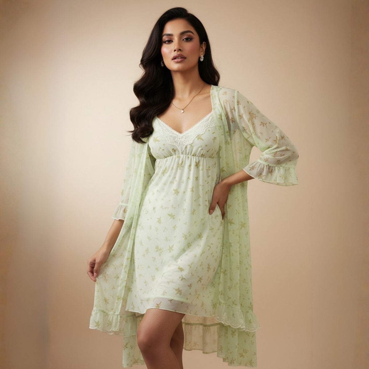 Off-White & Pista Green Printed Night Gown Set