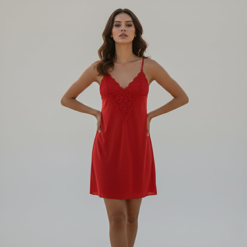 Red Lace V-Neck Lycra Cotton Nighty