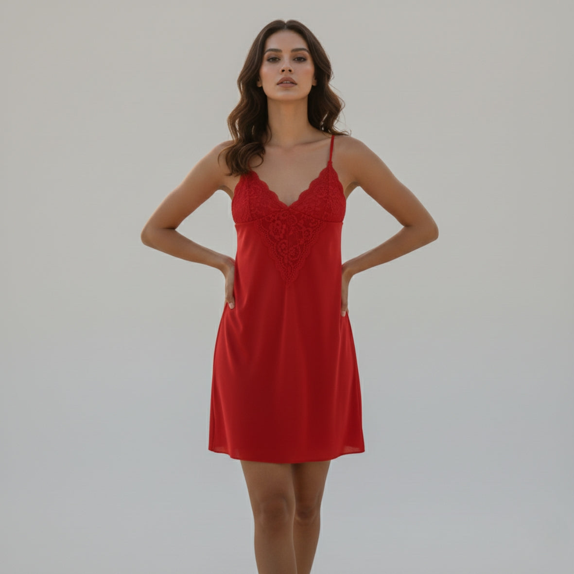 Red Lace V-Neck Lycra Cotton Nighty