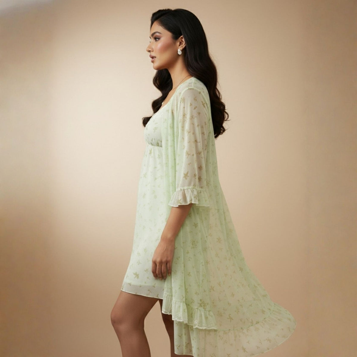 Off-White & Pista Green Printed Night Gown Set