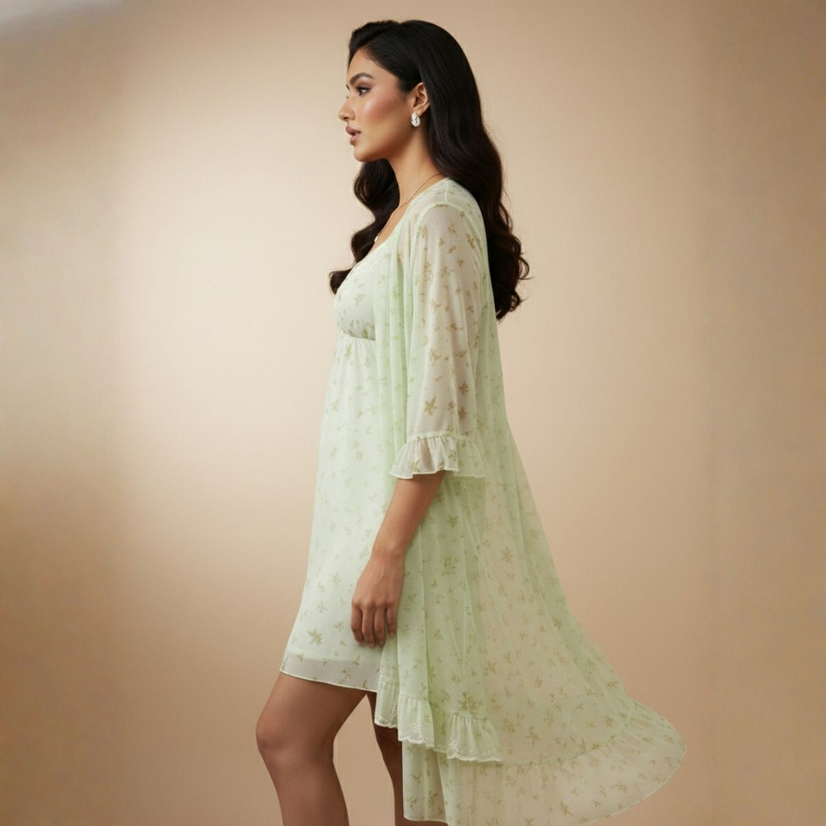 Off-White & Pista Green Printed Night Gown Set