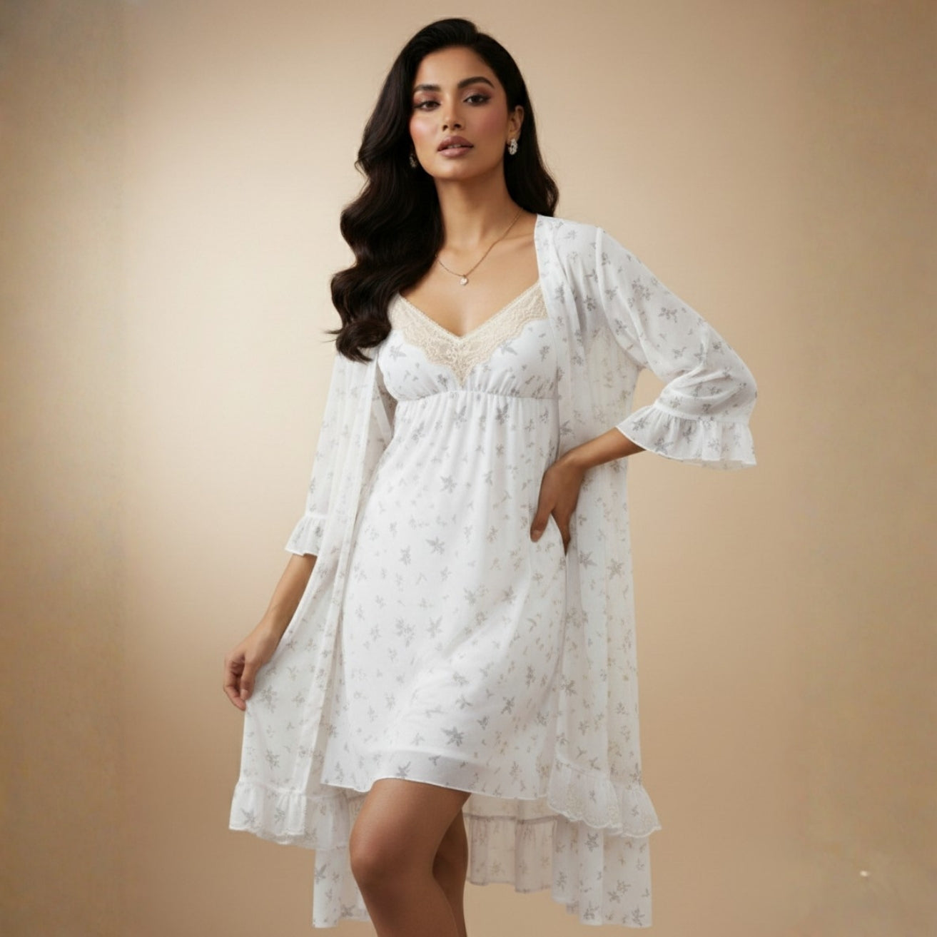 White Printed Night Gown Set