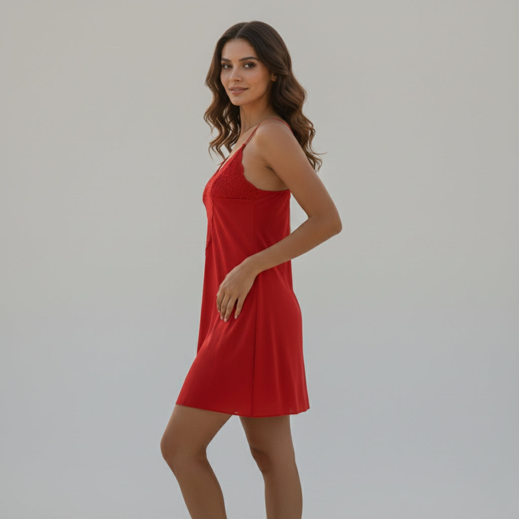 Red Lace V-Neck Lycra Cotton Nighty