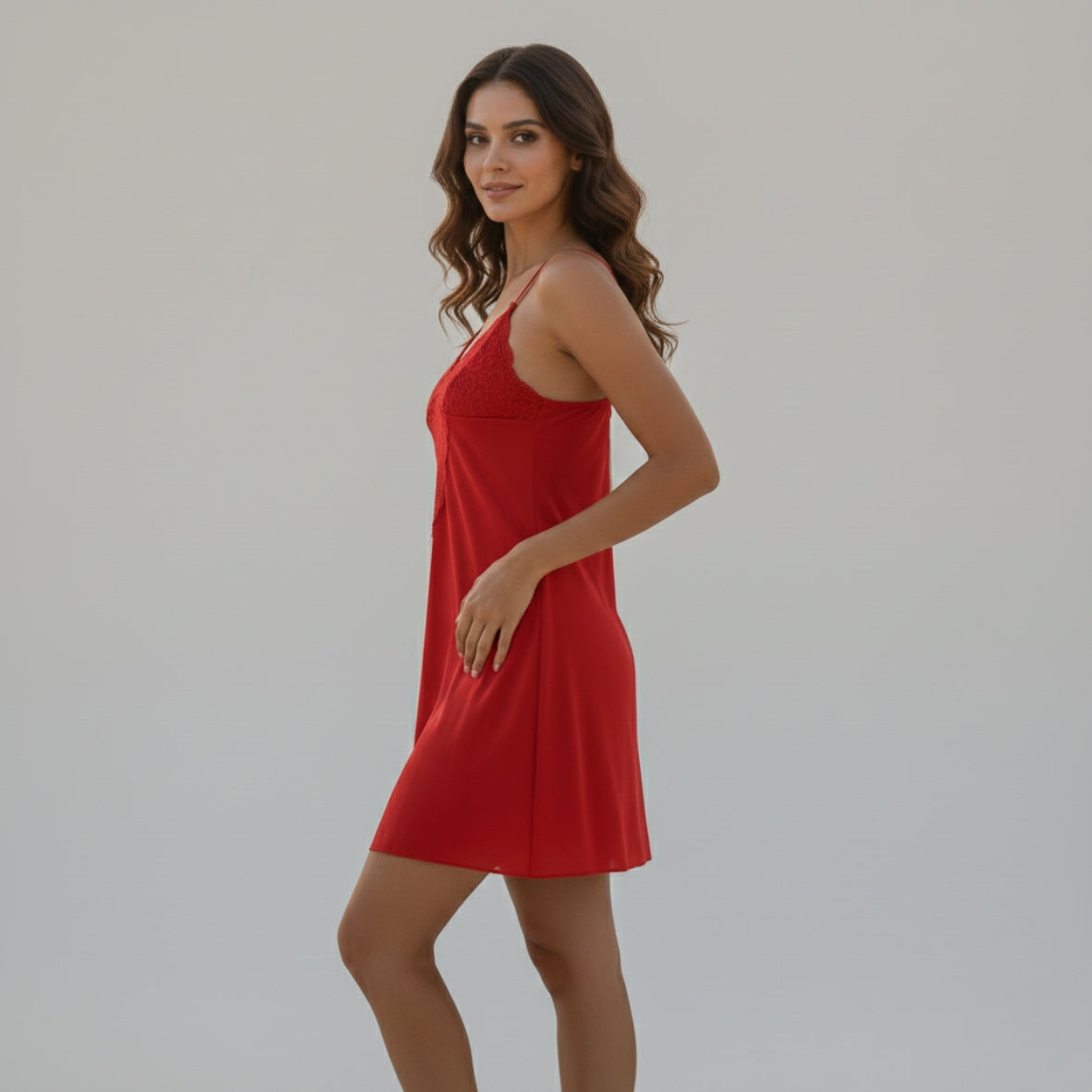 Red Lace V-Neck Lycra Cotton Nighty