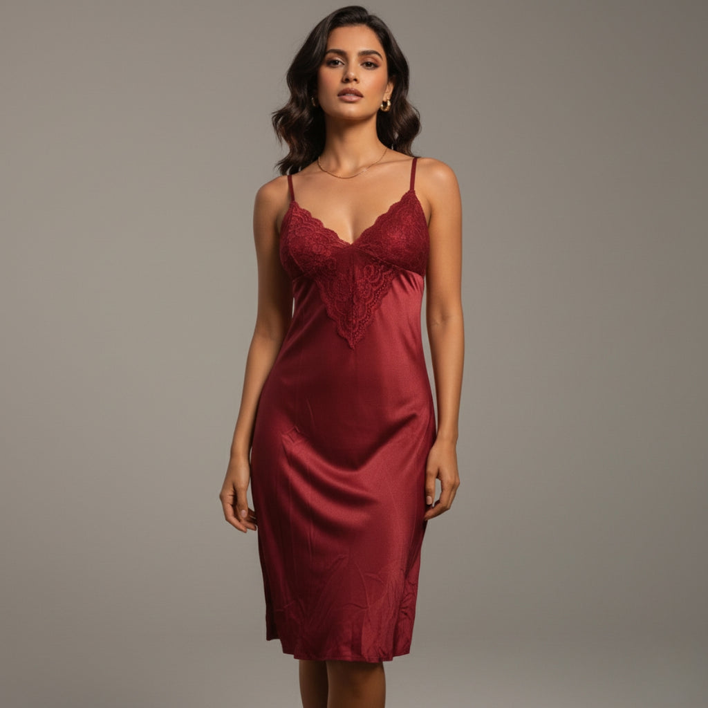 Wine Lace V-Neck Lycra Cotton Nighty