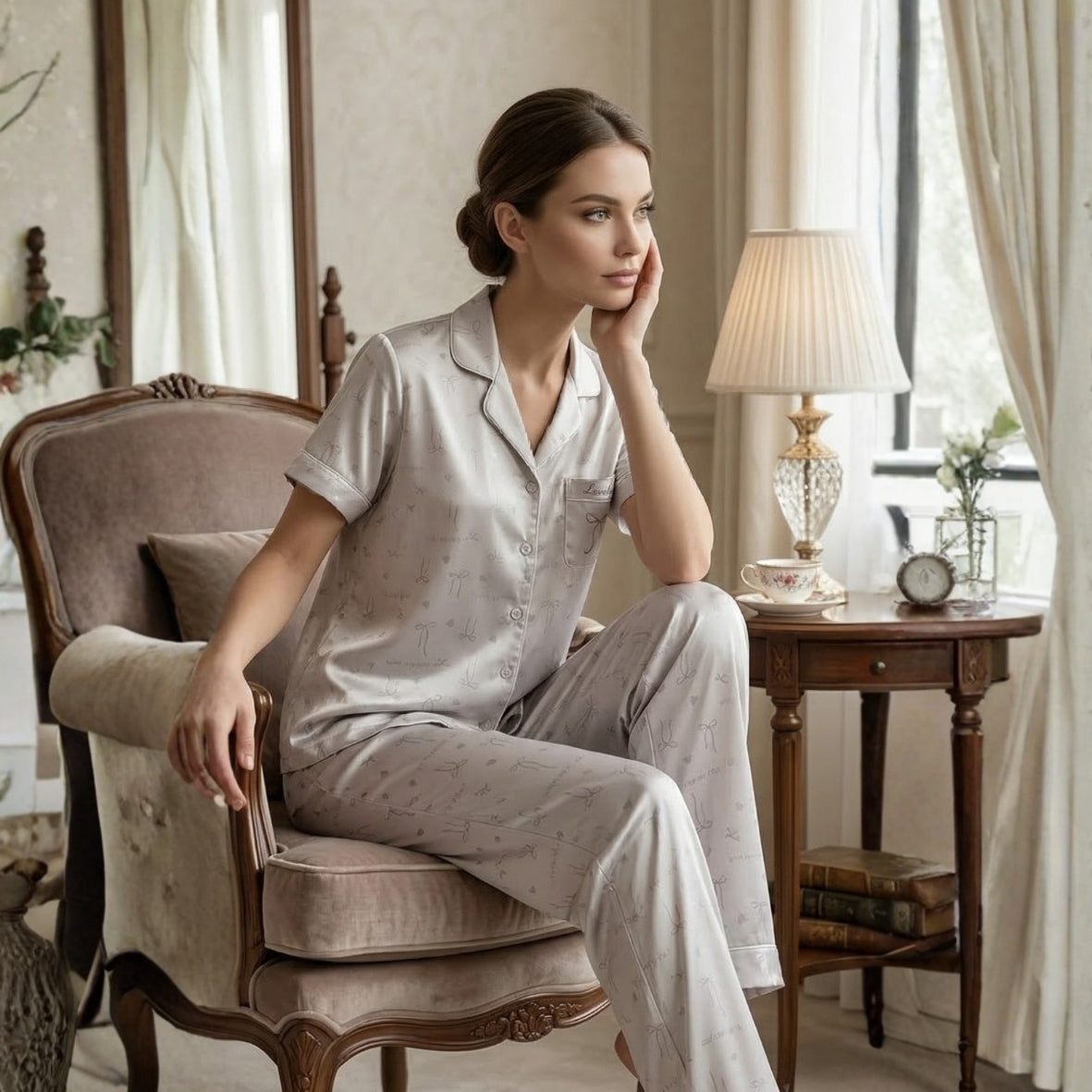 Elegant Bow Print Satin Night Suit