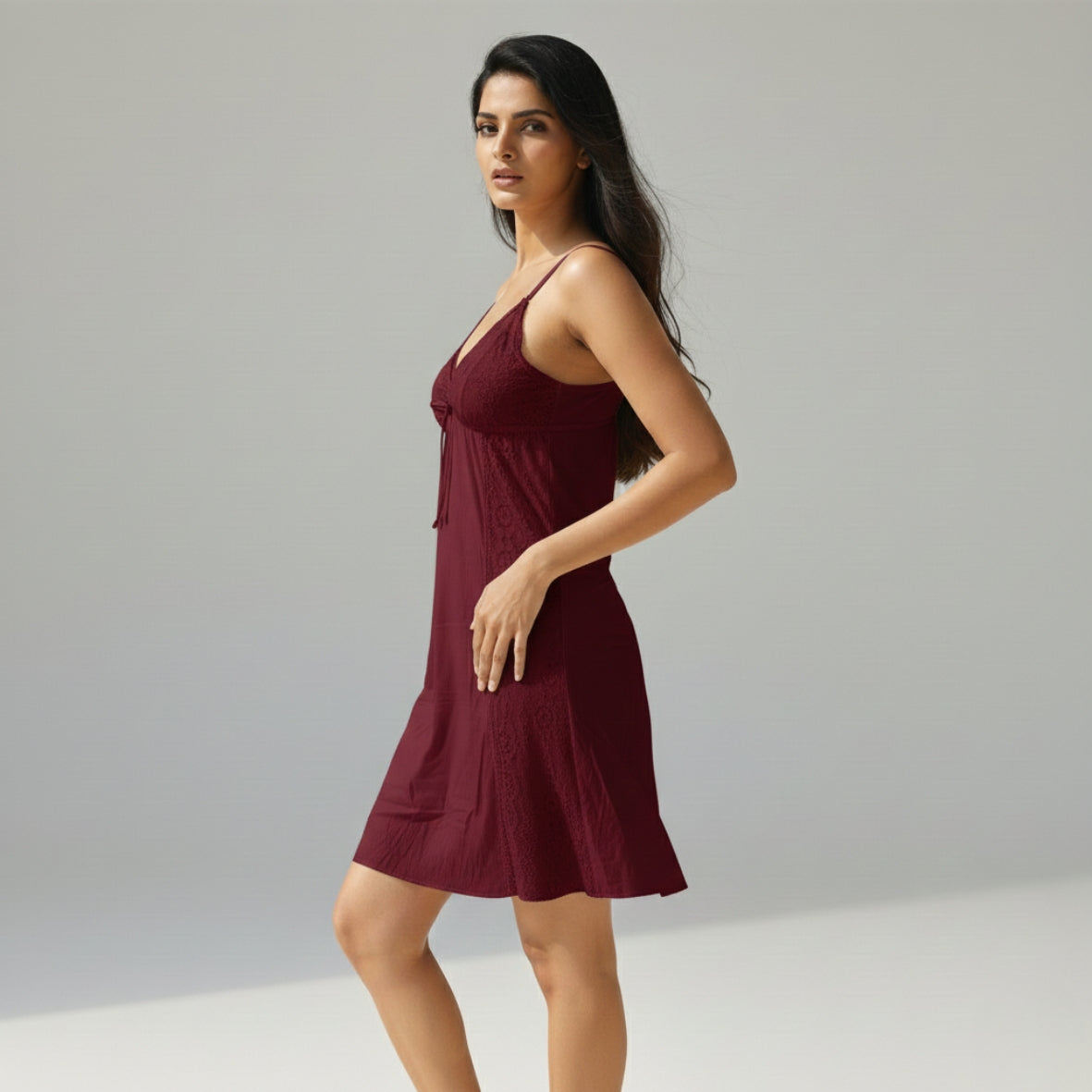 Women Sexy Short Cotton Lace Bedroom Nighty – Maroon