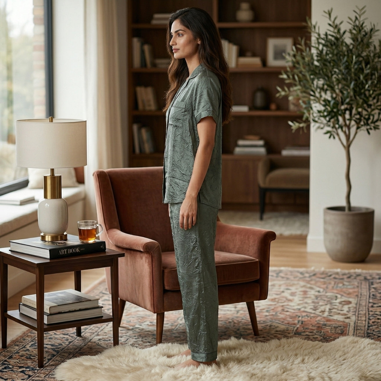 Olive Green Satin Half Sleeve Night Suit