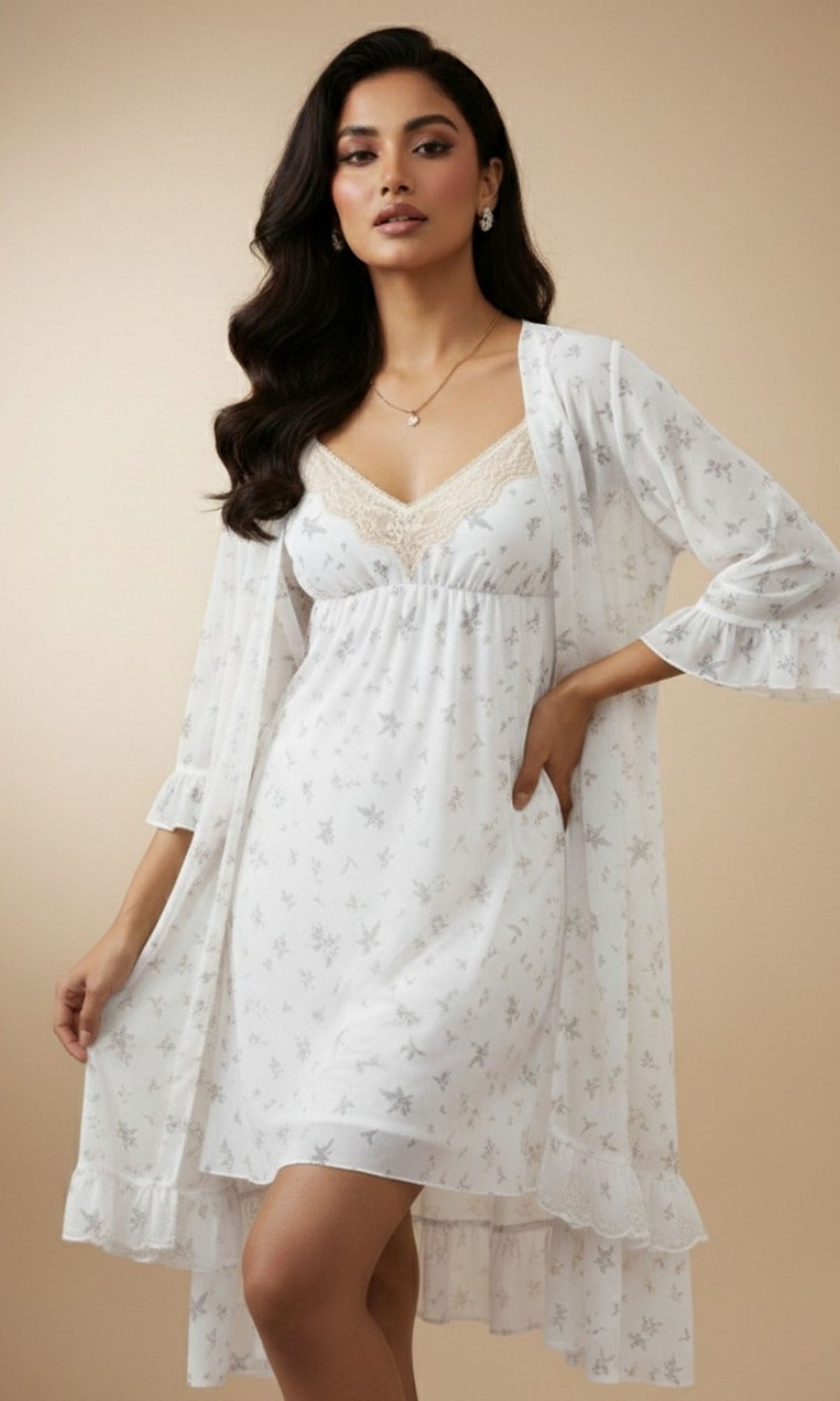 White Printed Night Gown Set