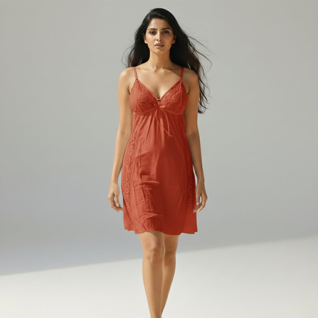 Women Sexy Short Cotton Lace Bedroom Nighty – Red