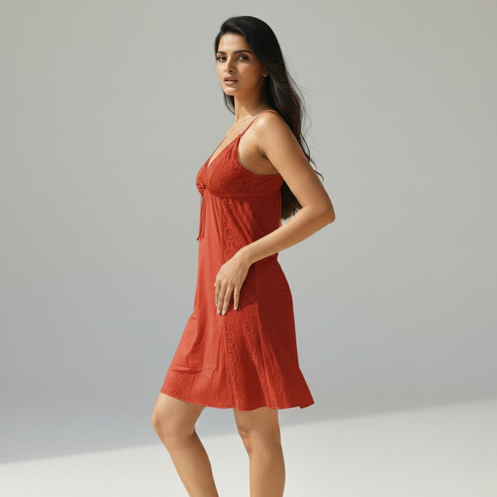 Women Sexy Short Cotton Lace Bedroom Nighty – Red