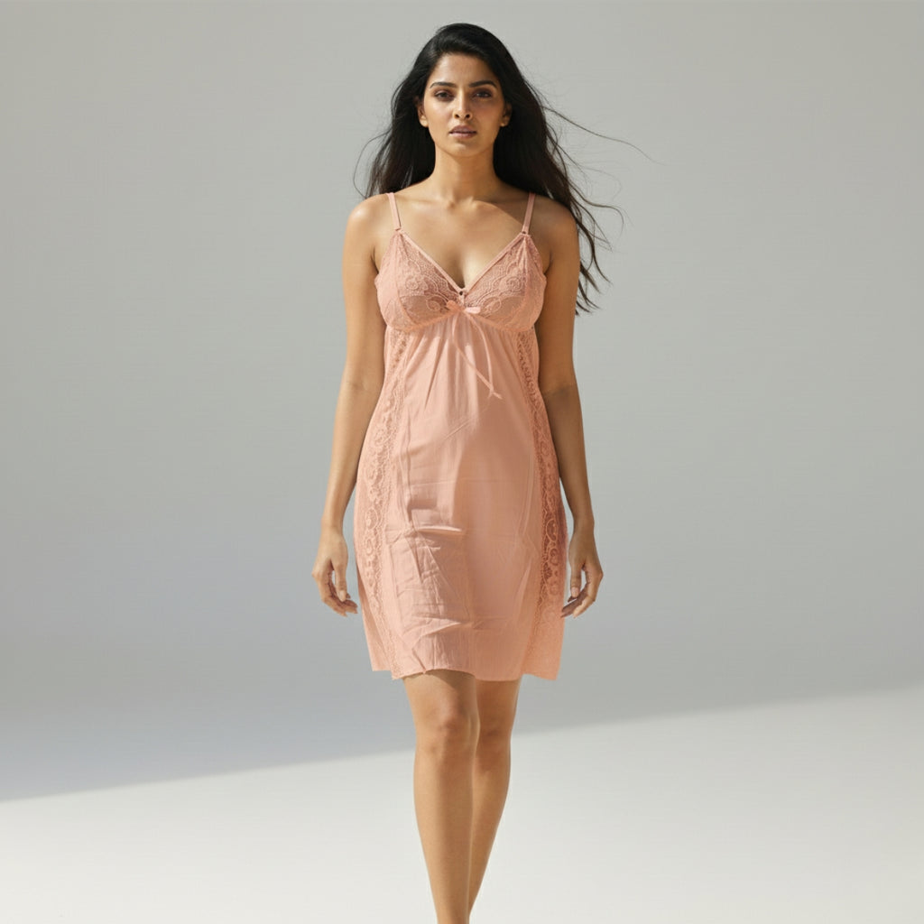 Women Sexy Short Cotton Lace Bedroom Nighty – Peach