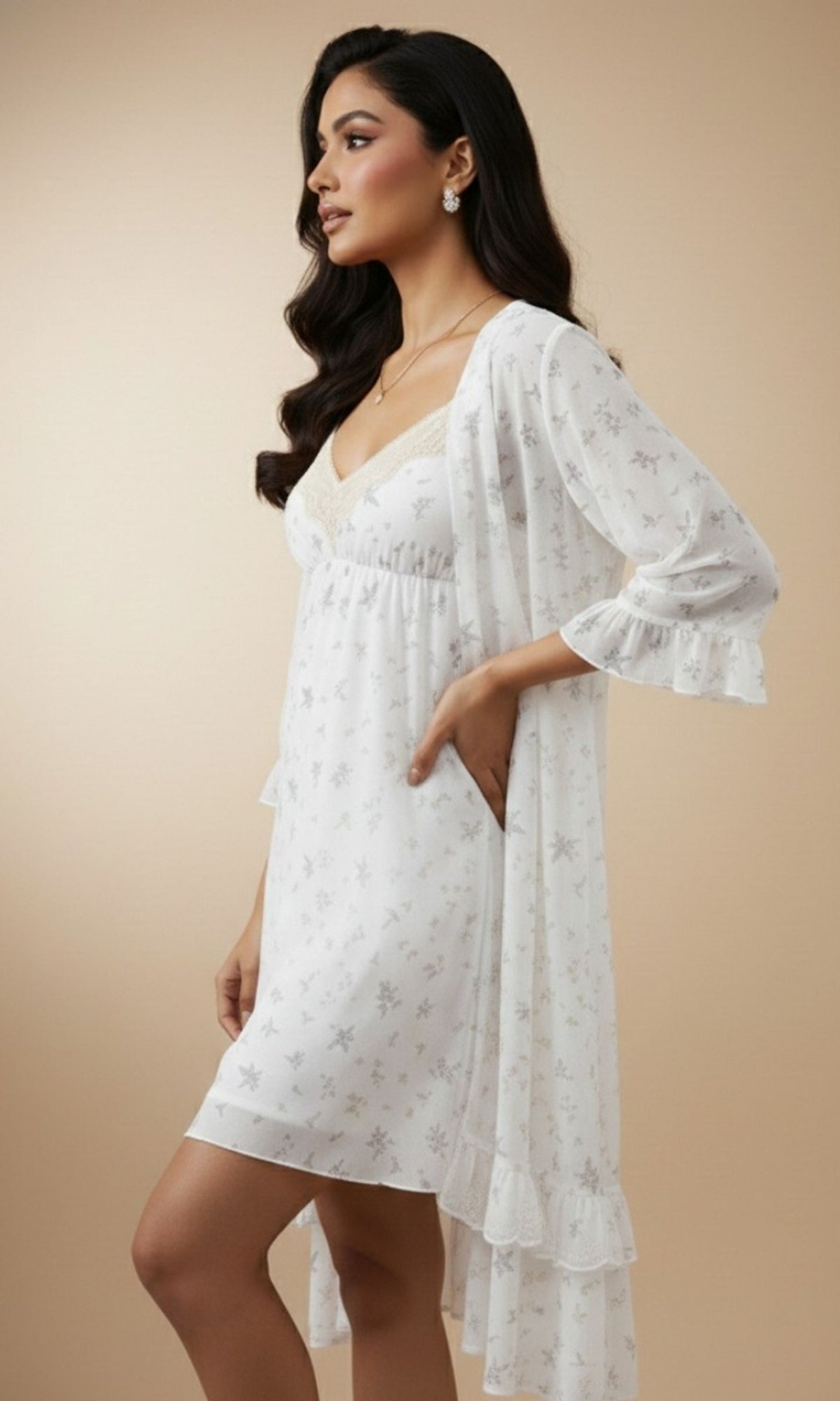 White Printed Night Gown Set