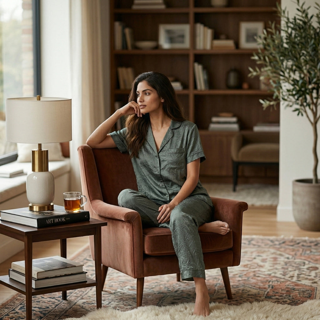 Olive Green Satin Half Sleeve Night Suit