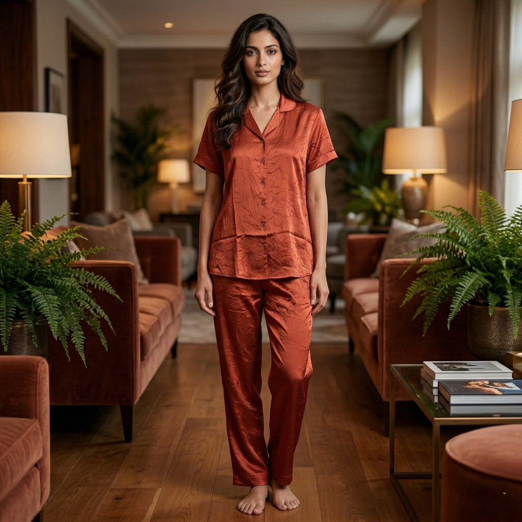 Burnt Orange Satin Half Sleeve Night Suit