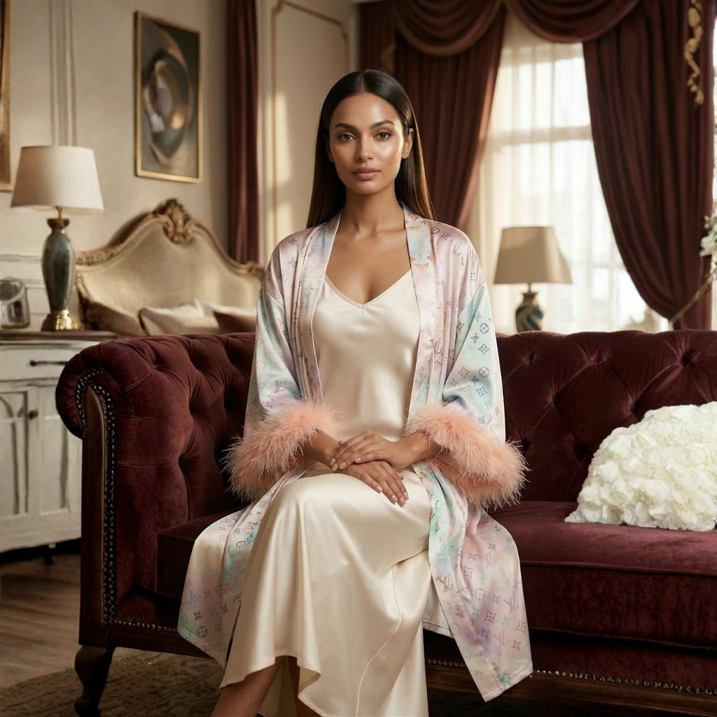 Ivory Satin Gown Set with Feather Sleeve