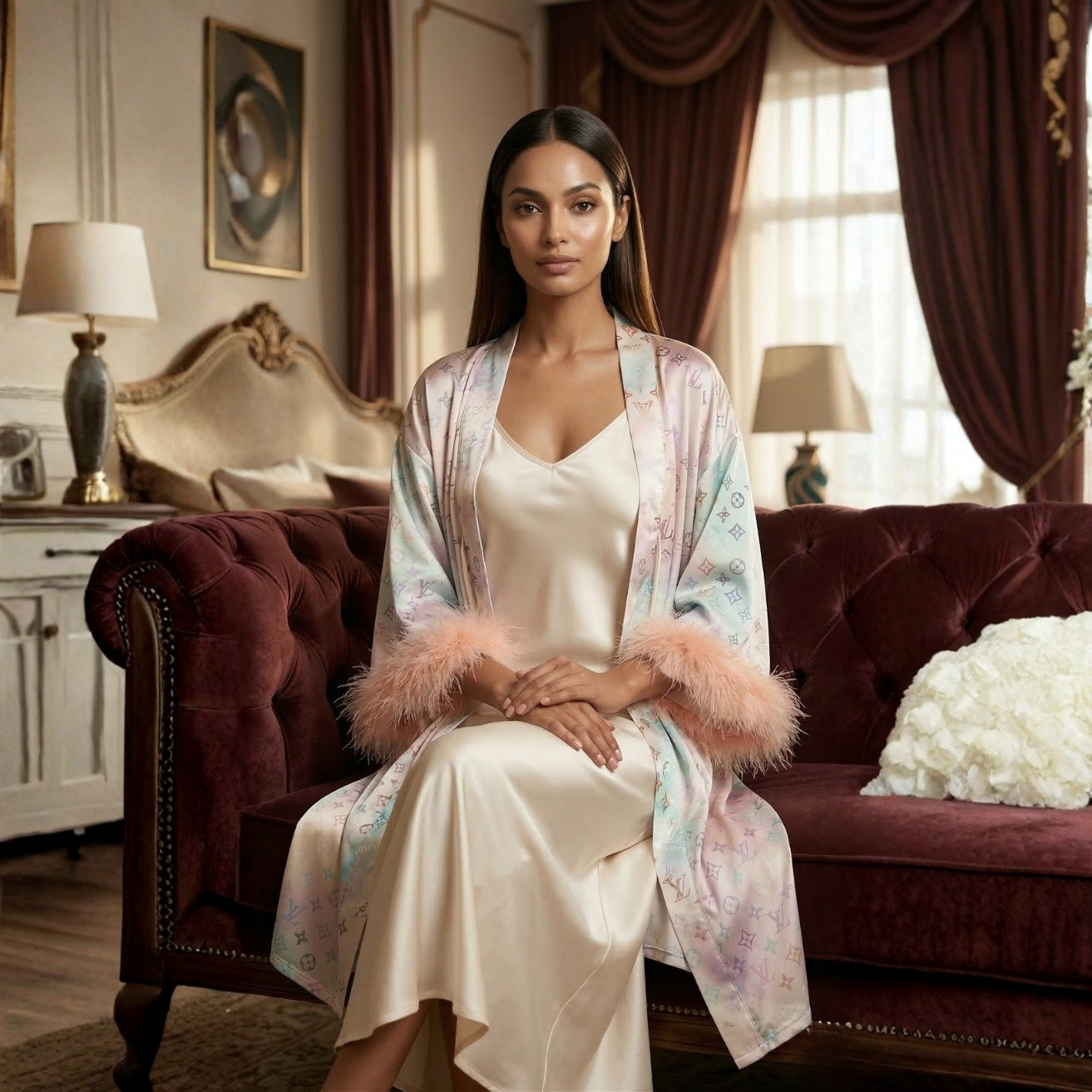Ivory Satin Gown Set with Feather Sleeve