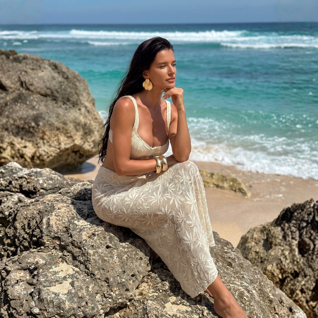 Women’s Cream 3PCS Bikini Set with Lace-Inspired Sarong