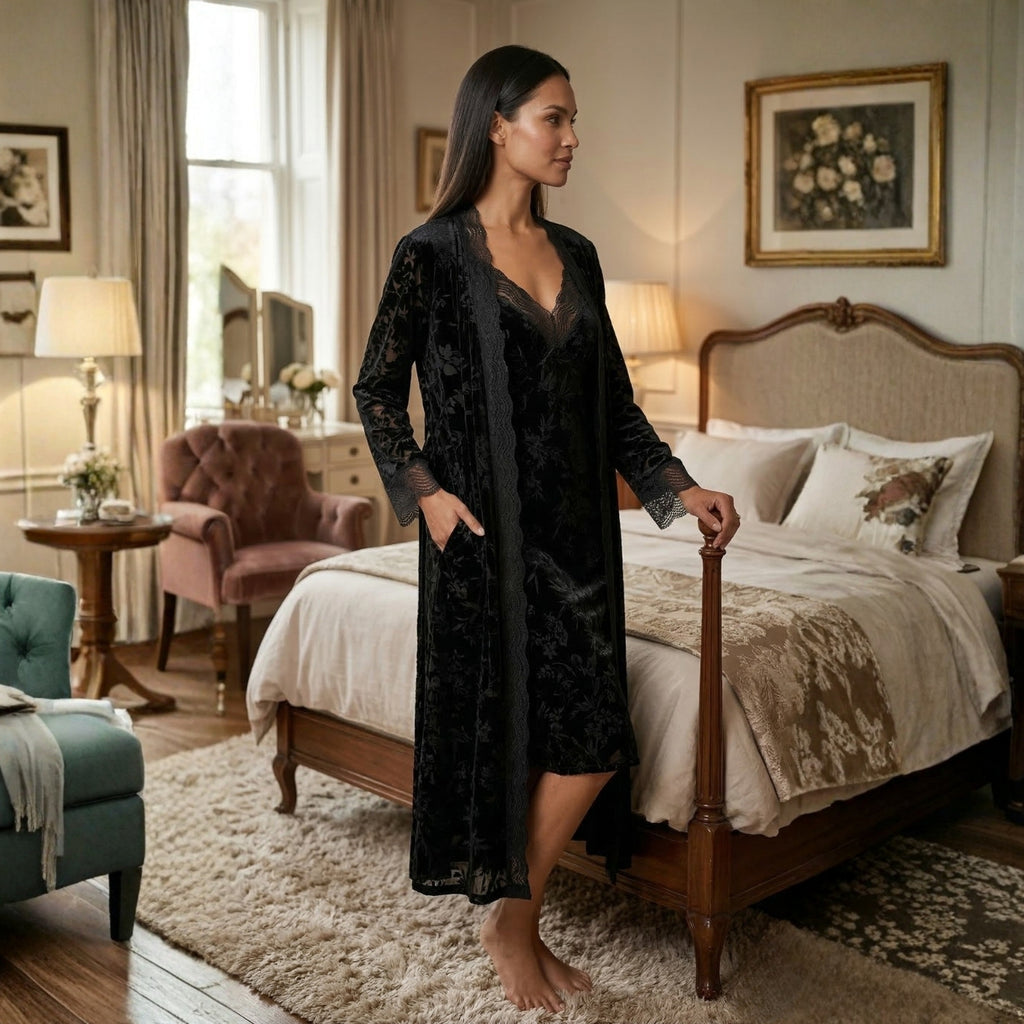 Black Velvet Bridal 2-Piece Nighty Set with Lace Robe