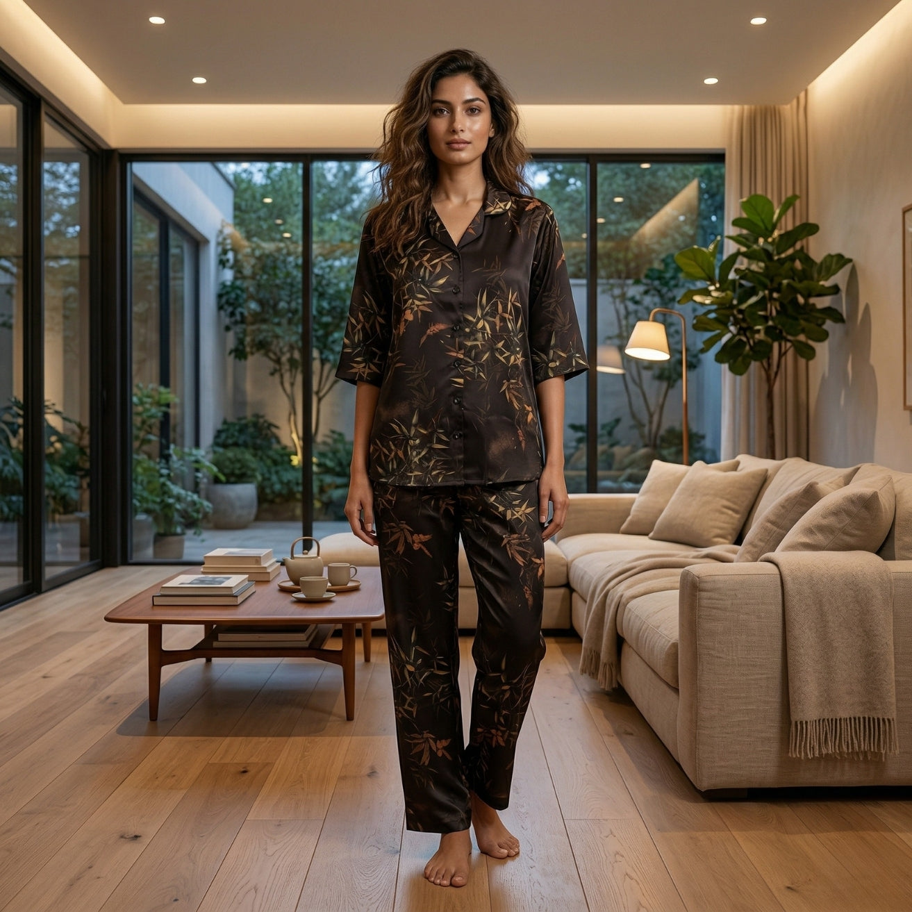 Midnight Botanical Satin Night Suit