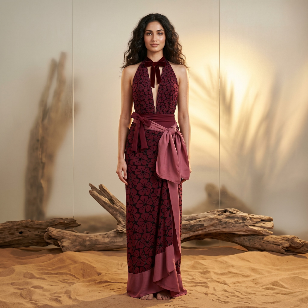 Velvet Bloom V-Cut Swimsuit & Sarong Set