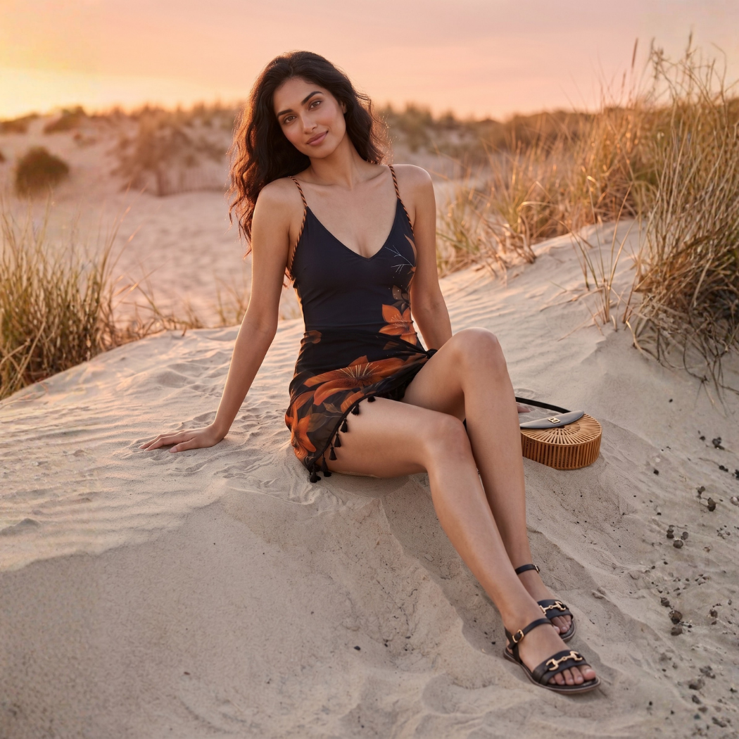 Midnight Bloom V-Cut Swimsuit & Sarong Set