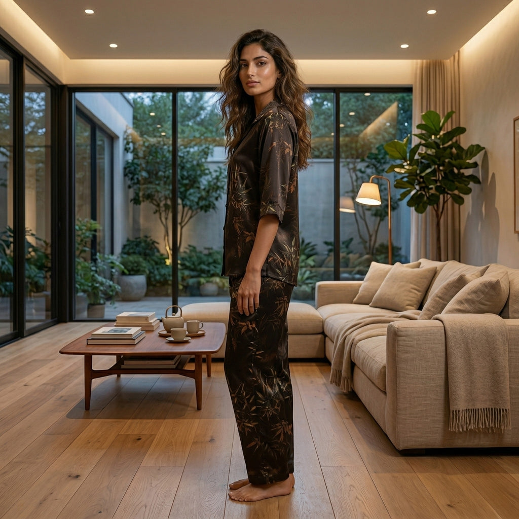 Midnight Botanical Satin Night Suit
