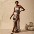 Geometric Black & Skin 3PCS Bikini Set with Sarong