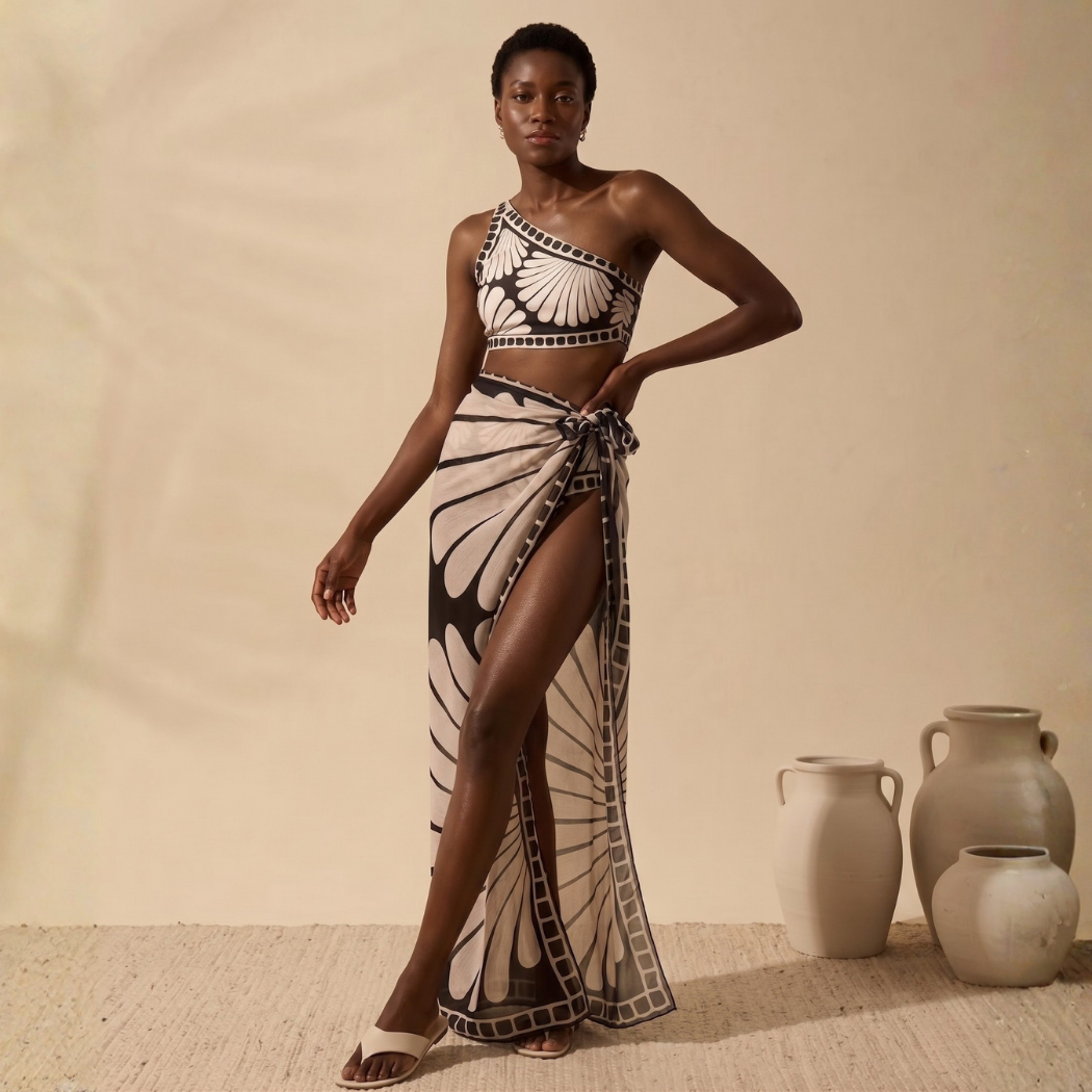Geometric Black & Skin 3PCS Bikini Set with Sarong