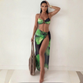 Green & Black Printed 3PCS Bikini Set with Sarong