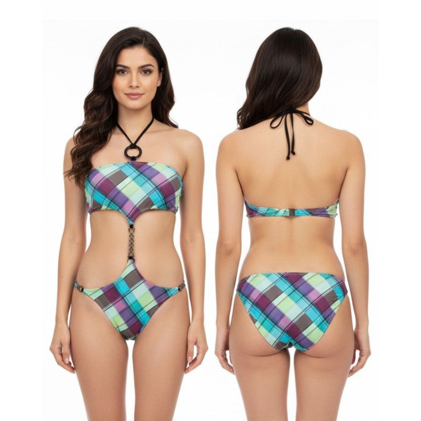 Plaid Ring Detail Monokini Swimsuit – Halter Neck Cut-Out Swimwear