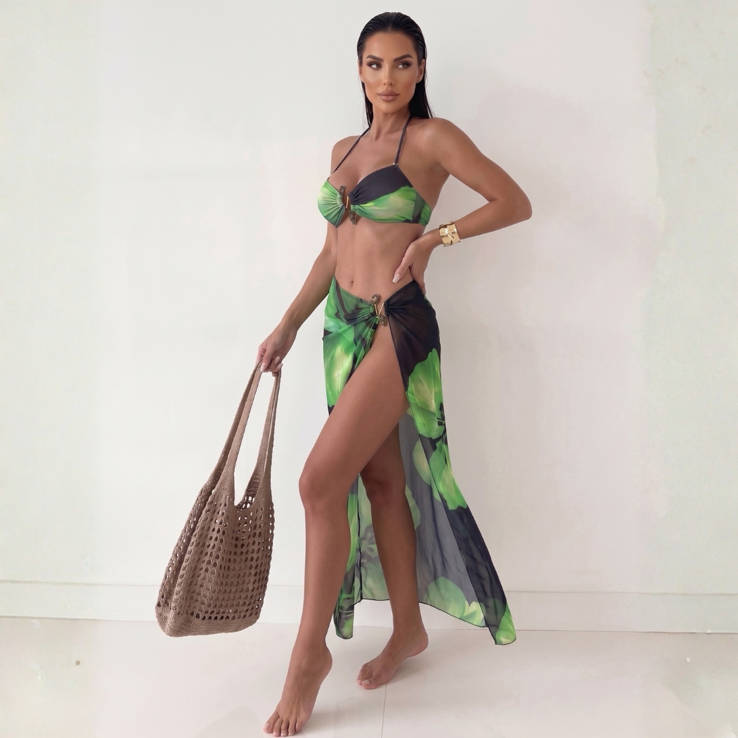 Green & Black Printed 3PCS Bikini Set with Sarong