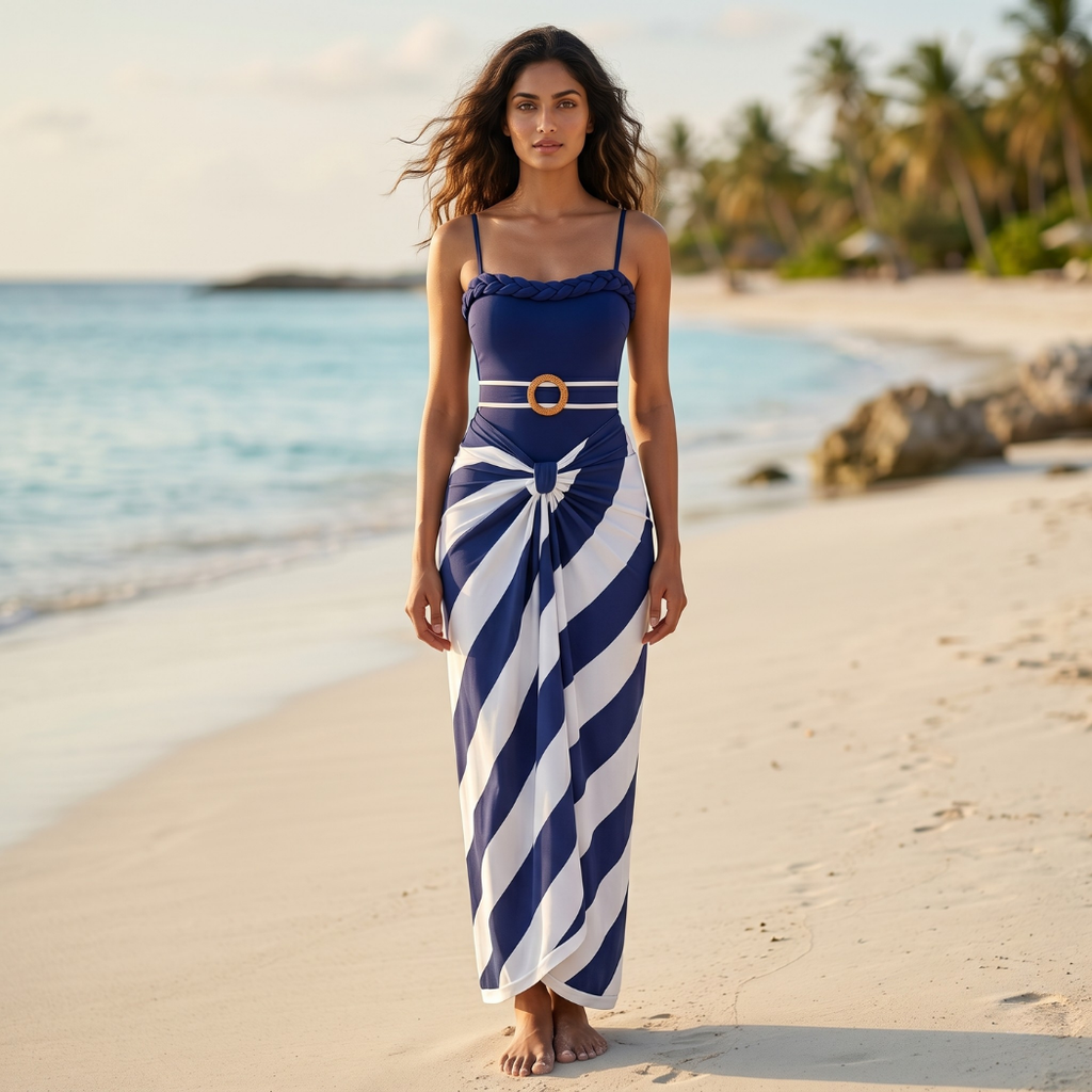 Coastal Elegance V-Cut Swimsuit & Sarong Set