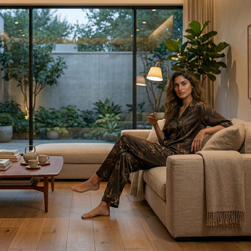 Midnight Botanical Satin Night Suit