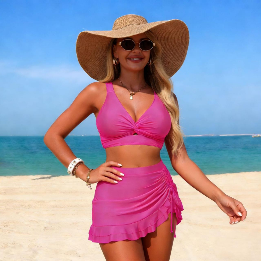 Fuchsia 3PCS Bikini Set with Skirt & Panty