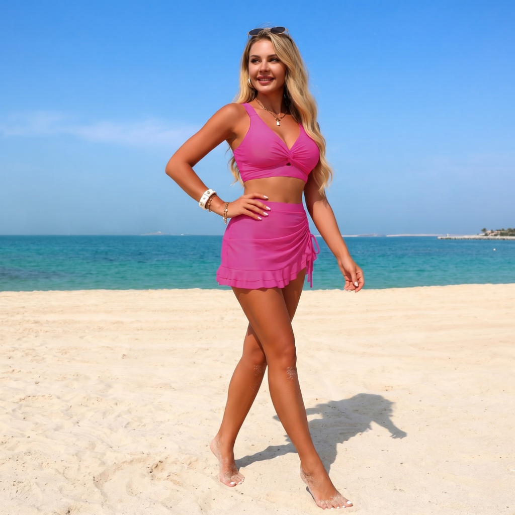 Fuchsia 3PCS Bikini Set with Skirt & Panty
