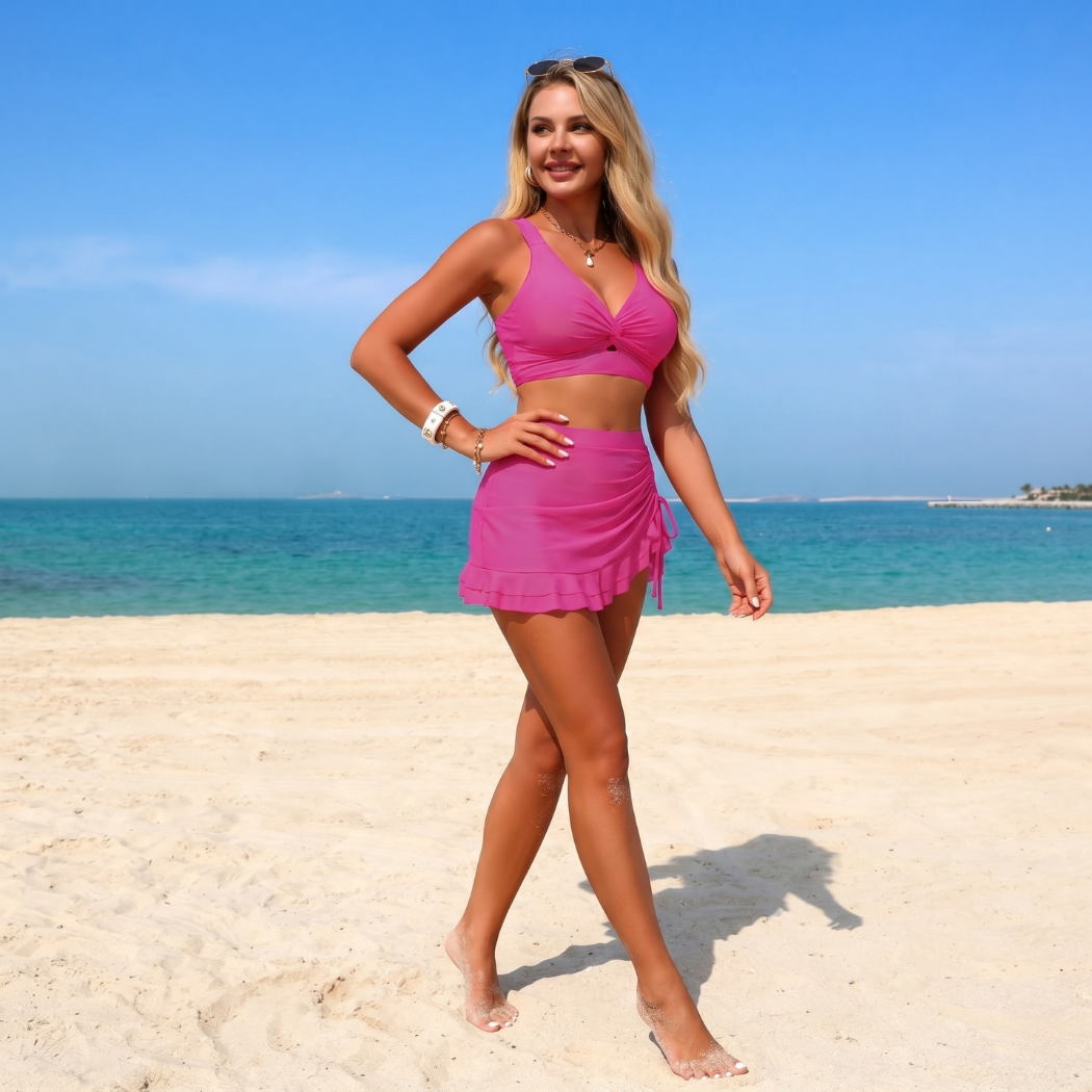 Fuchsia 3PCS Bikini Set with Skirt & Panty