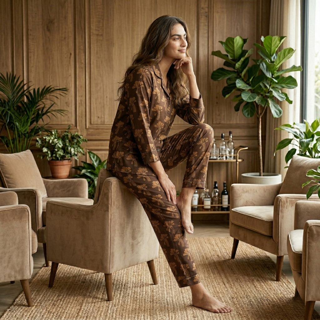 Cocoa Bloom Satin Night Suit
