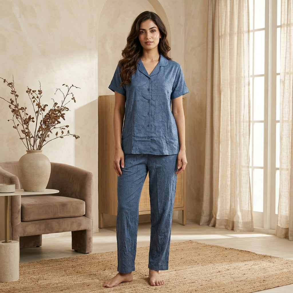 Steel Blue Satin Half Sleeve Night Suit