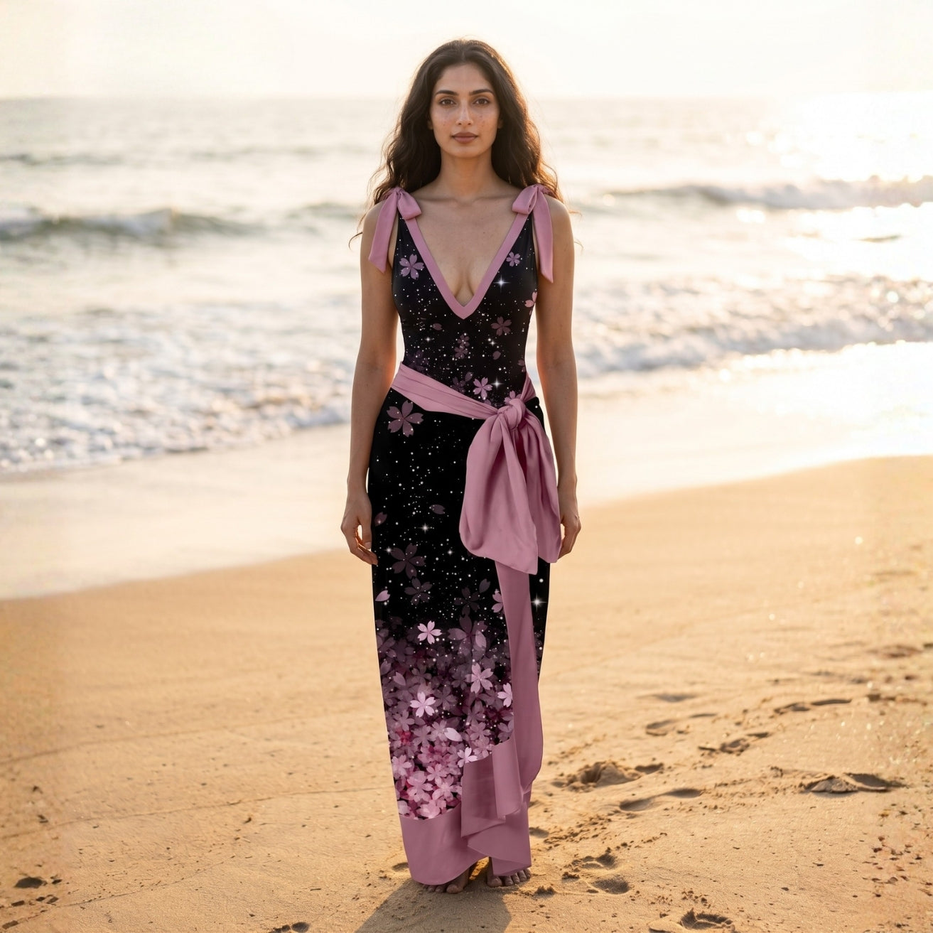 Pink Printed V-Cut Swimming Costume with Sarong