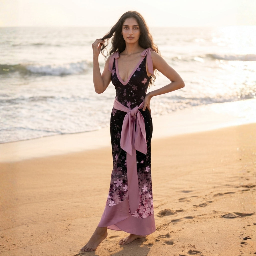 Pink Printed V-Cut Swimming Costume with Sarong