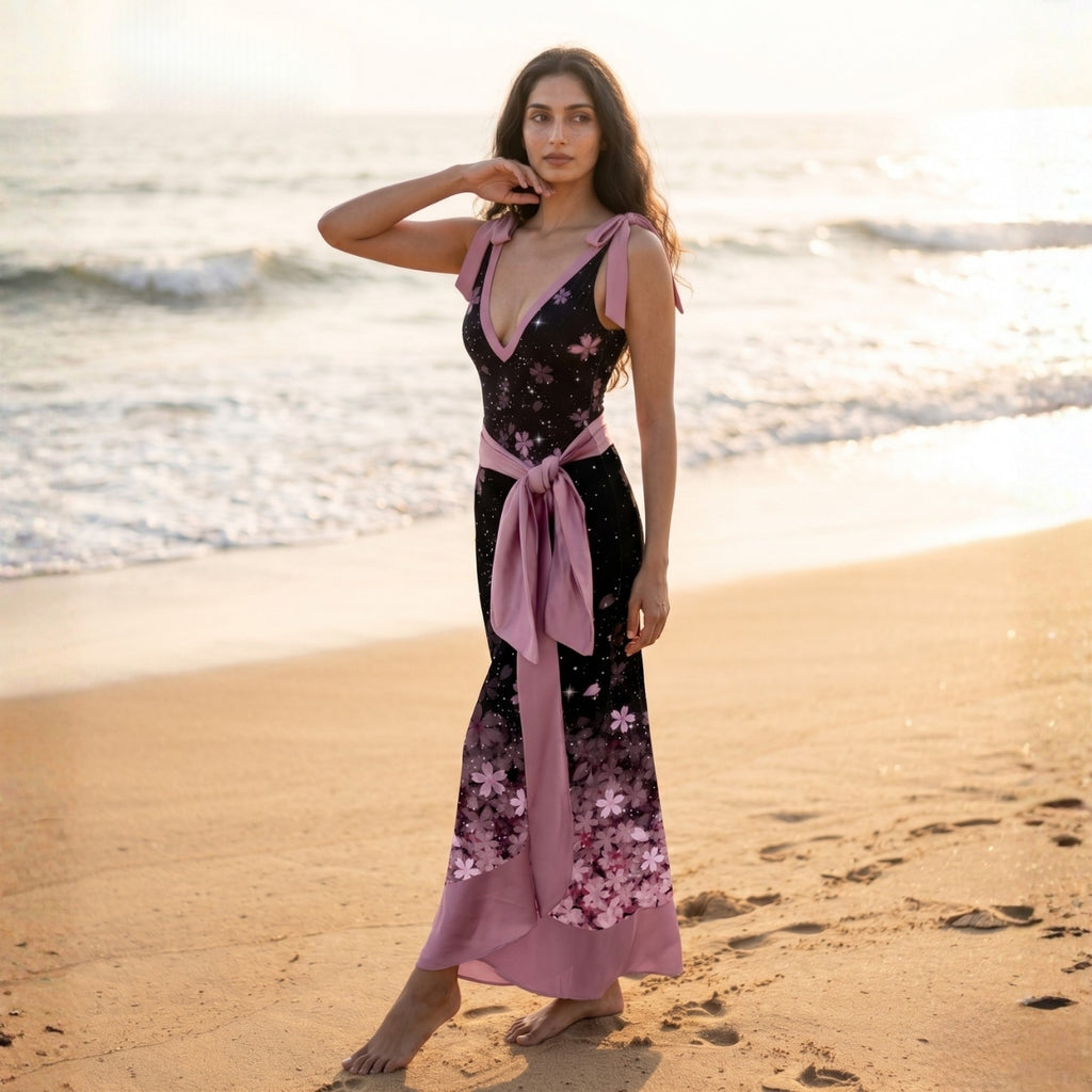 Pink Printed V-Cut Swimming Costume with Sarong