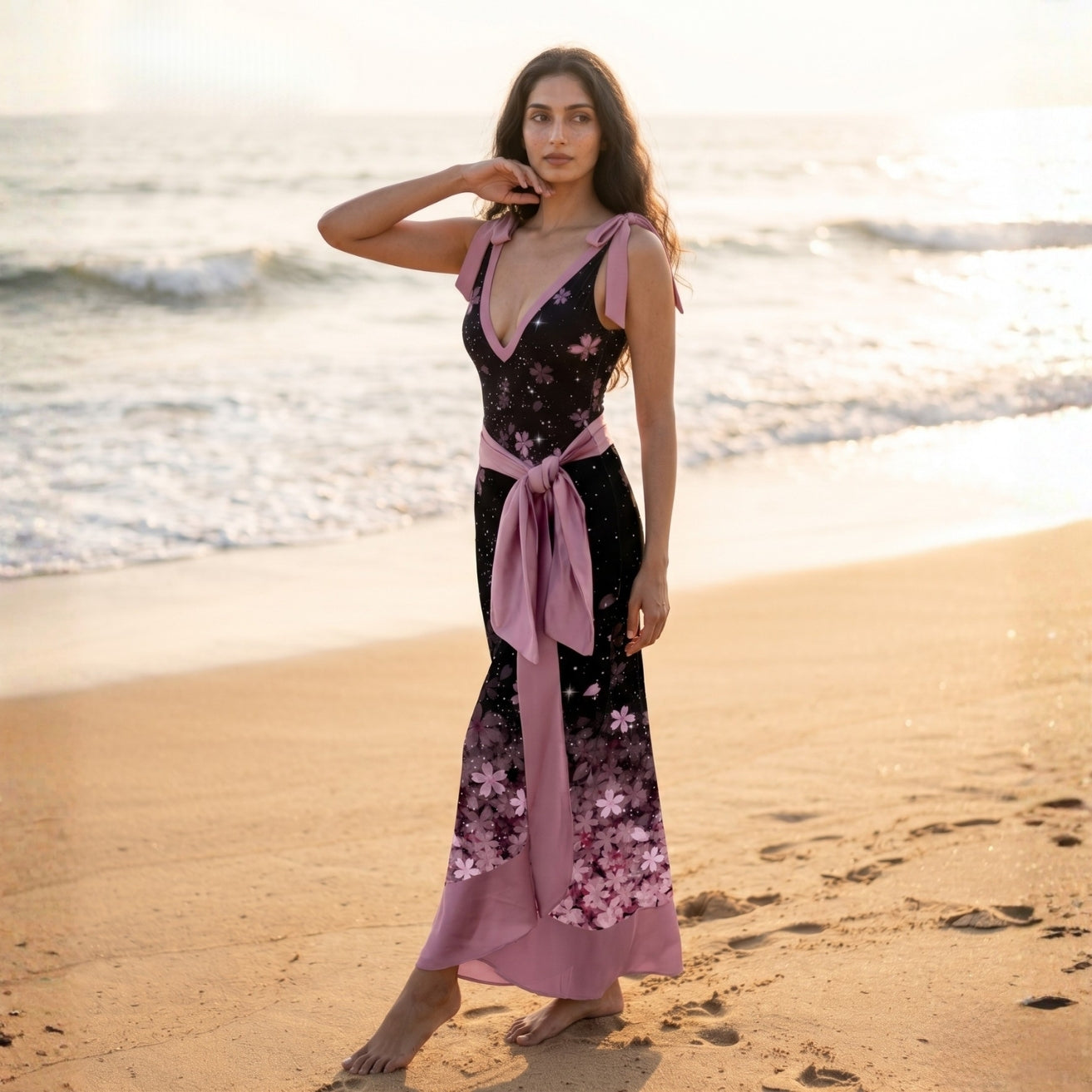 Pink Printed V-Cut Swimming Costume with Sarong