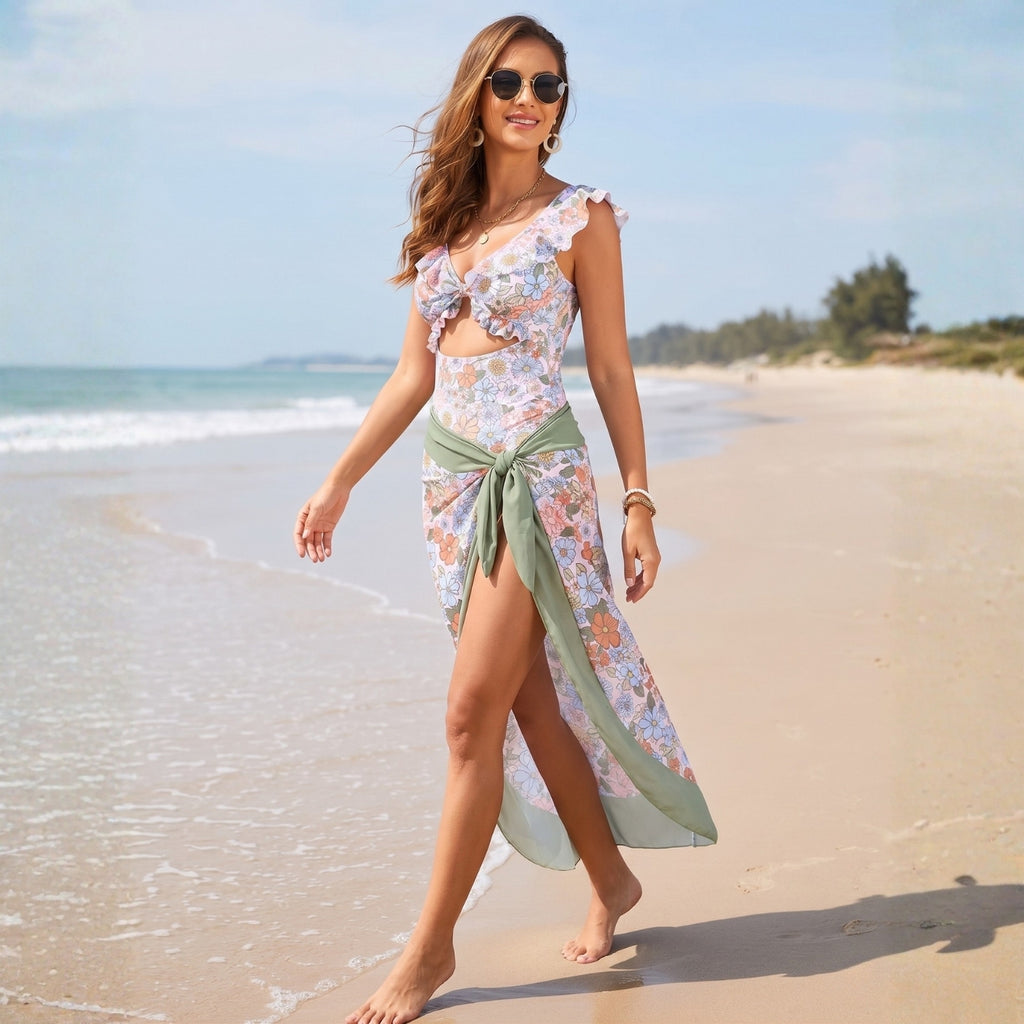 Printed V-Cut Swimming Costume with Sarong