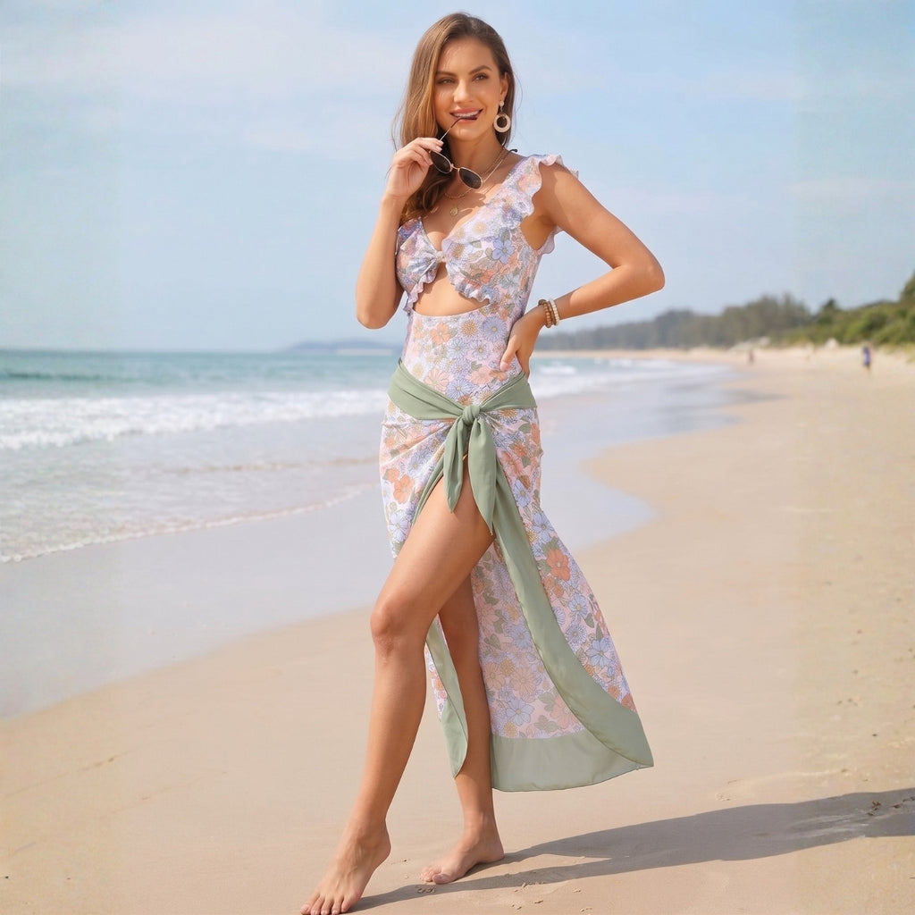 Printed V-Cut Swimming Costume with Sarong