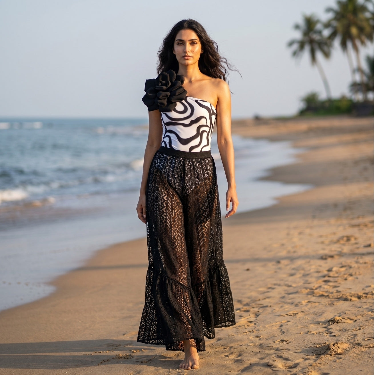 V-Cut Swimming Costume with Black Lace Maxi Skirt