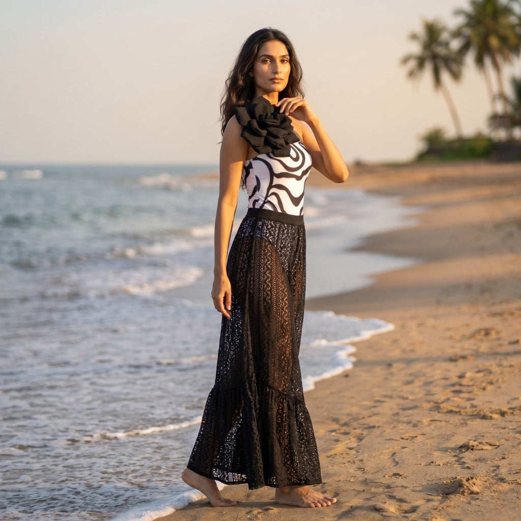 V-Cut Swimming Costume with Black Lace Maxi Skirt